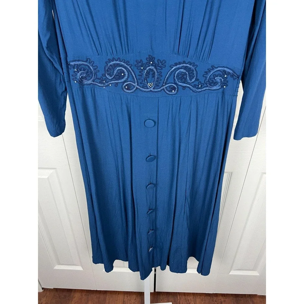 Karin Stevens Petites Vintage Midi Dress 80s 40s Retro Blue Rayon 8/10 M‎